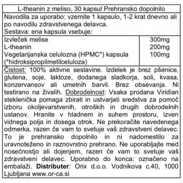 L-Theanin z meliso, vodotopna aminokislina, Viridian, 30 kapsul