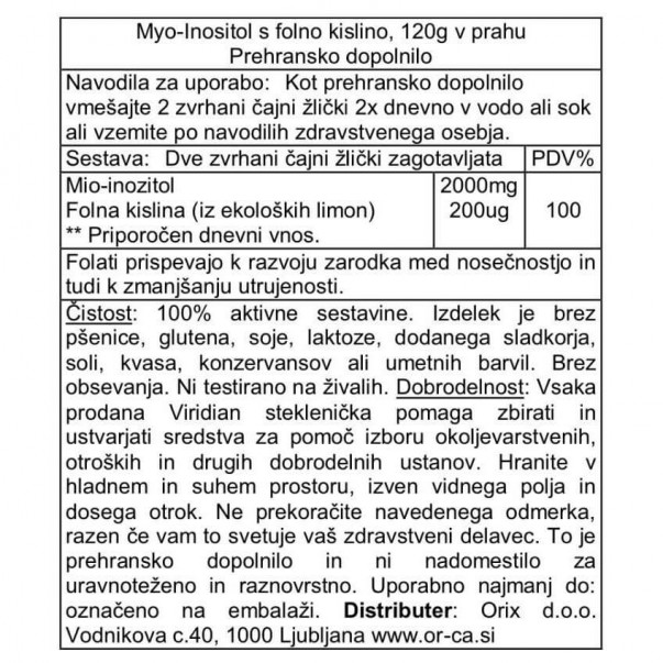 Myo-Inositol s folno kislino, Viridian, 120g