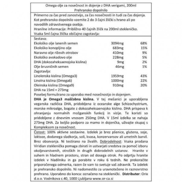 Omega olje za nosečnost in dojenje z DHA verigami, Viridian, 200ml