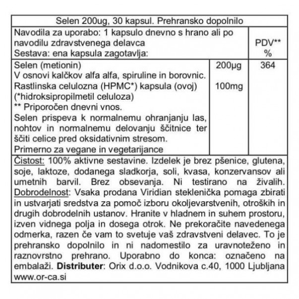 Selen 200μg, Viridian, 30 kapsul