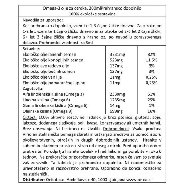 ViridiKid ekološko omega-3 olje za otroke, Viridian, 200ml